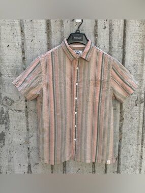 Free Planet Short Sleeve Button Down Textured Striped Retro Colorful Boho Surf